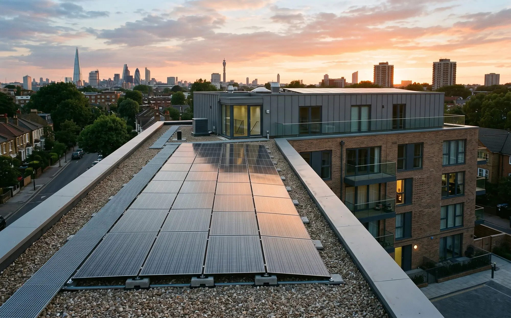 Rooftop solar and EV charging installation on a residential building